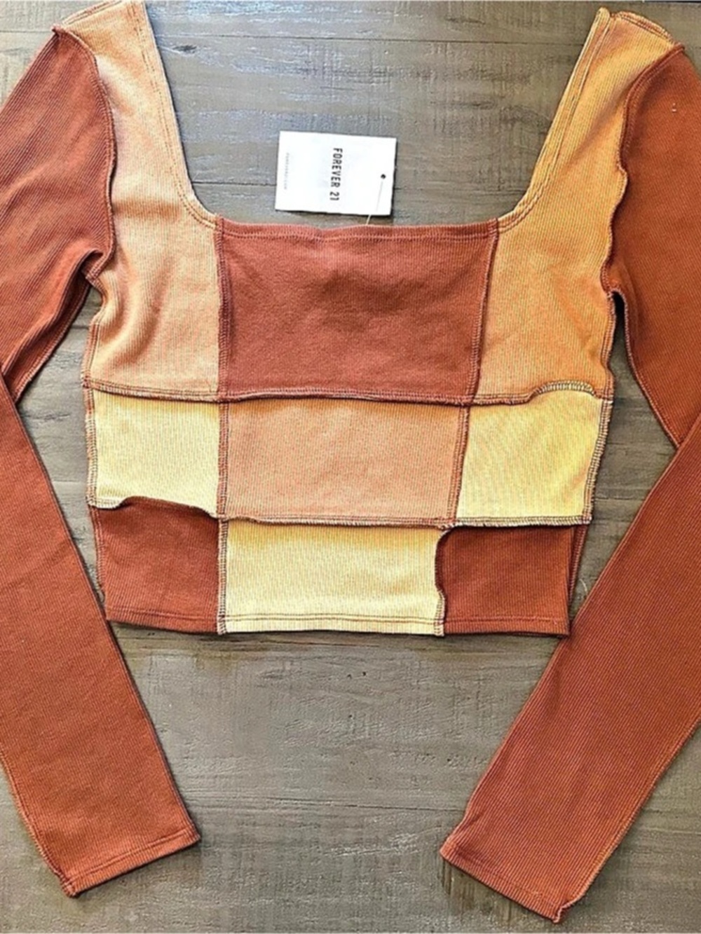 FOREVER 21 Brown Beige Colorblock Knit Cropped Top Long Sleeve Square Neck S